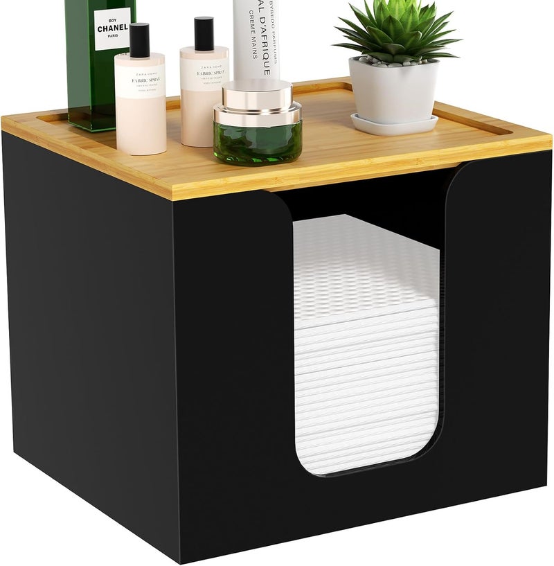 VITVITI Disposable Face Towel Holder Box, Acrylic Facial Towel Container for XL Clean Skin Club, Large Disposable Face Towels Storage with Bamboo Lid, for Bathroom, Vanity Makeup, Black - Image 1